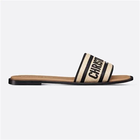 Dway Heeled Slide Natural Raffia and Black Embroidered Cotton